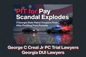 News thumbnail: 'PIT for Pay Scandal Explodes' with police car at night; text reads four Georgia troopers fired; law firm names at bottom.