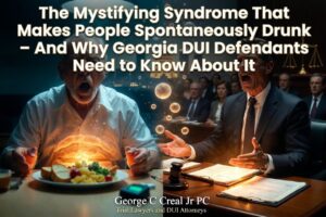 Ad-style courtroom scene showing a distressed man on the left and a lawyer on the right, glowing energy around a plate, with the headline about a syndrome causing spontaneous drunkenness and DUI attorneys George C Creal Jr PC.