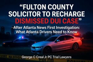News-style graphic about a DUI case dismissal in Fulton County, with police cars and a city skyline at night and a courtroom-lawyers byline at bottom.
