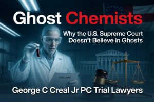 Poster-style image promoting a law firm: a scientist in a lab coat holds a test tube, with a courthouse backdrop, gavel and scales, and bold title 'Ghost Chemists'.