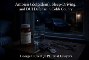 Nighttime desk scene with a Zolpidem bottle, a glass of water, and scattered glasses; window shows a car outside, overlaid with Ambien (Zolpidem) Sleep-Driving and DUI Defense text.