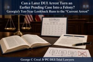 Courtroom desk with brass scales, an open book, a Georgia court calendar, a defendant brief and fountain pen beneath a blue banner headline about DUI arrest trials.