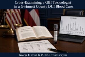 Open law book, scales of justice, a blood toxicology report, and a laptop showing a GC peaks graph on a courtroom desk; DUI trial theme.