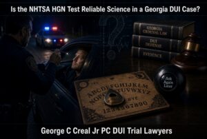DUI stop scene at night with officer and driver; title asks about NHTSA HGN test in a Georgia DUI case; law books, gavel, and a Ouija-style ball in the foreground.