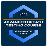 Logo badge for an Advanced Breath Testing Course, featuring a blue shield/hexagon frame and the word Graduate with star icons.