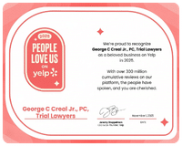 Yelp 2020 'People Love Us' award card for George C. Creel Jr., PC Trial Lawyers, with Yelp logo and celebratory red border.